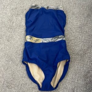 High neck blue leotard with mesh